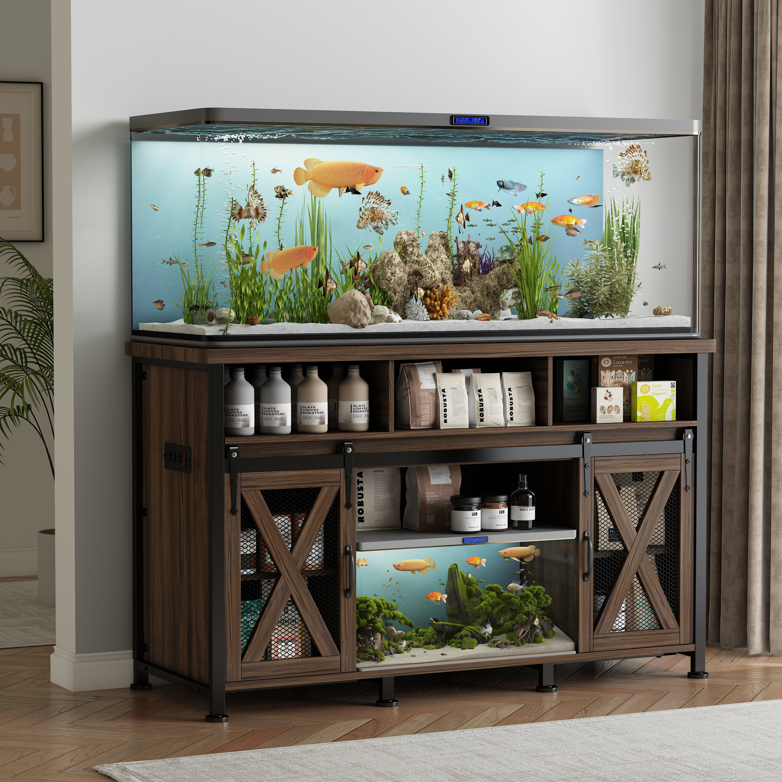 Archie Oscar 55 75 Gallon Fish Tank Stand with Power Outlets with 3 Open Shelves Storage 1380 LBS Capacity Wayfair